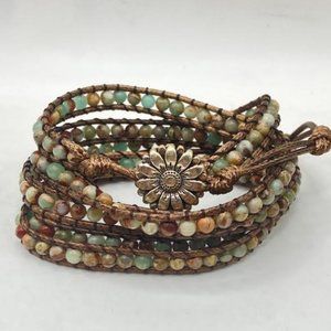 Natural Stone and Vegan Leather Wrap Bracelet/Belt with Silver Conch